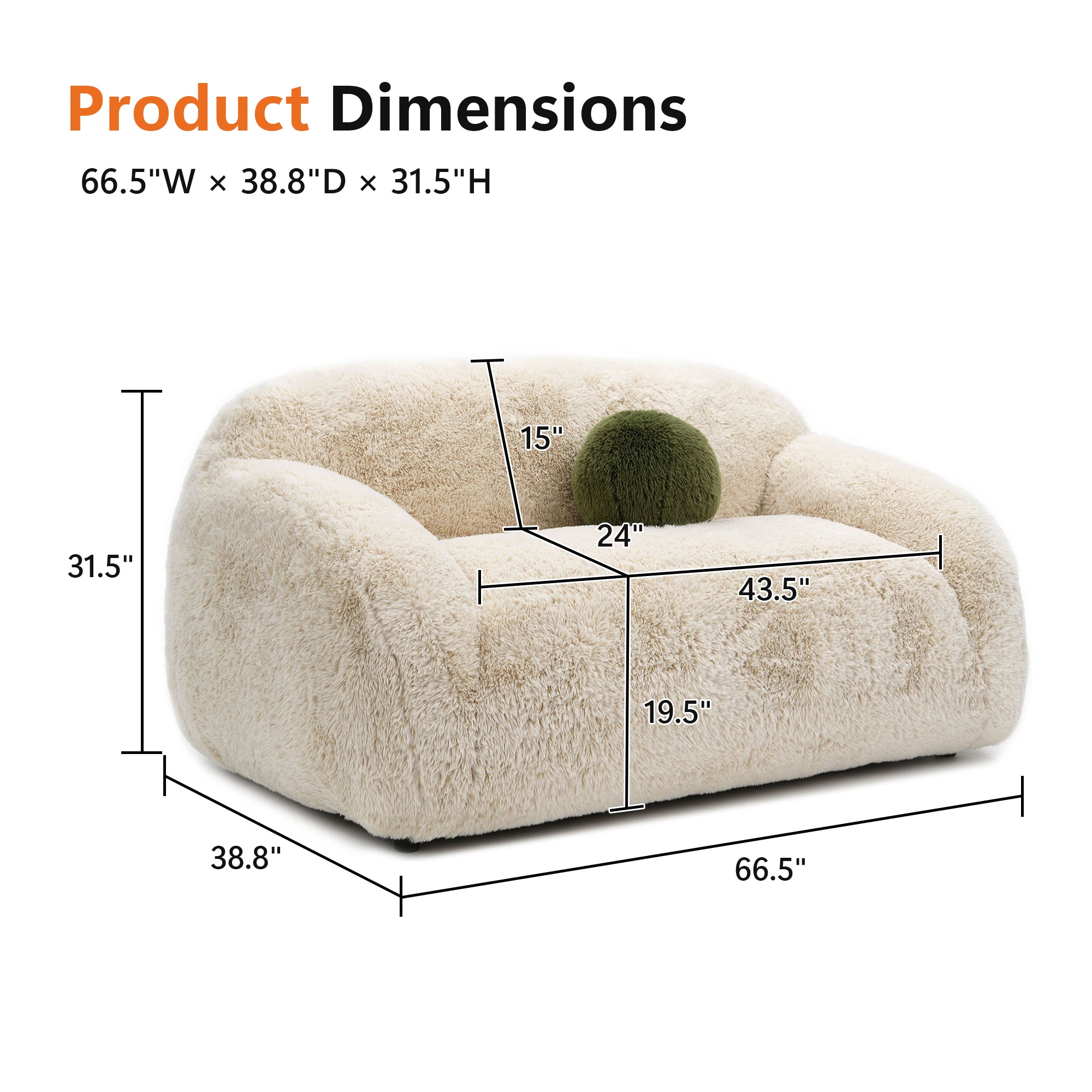 Contemporary Faux Fur Loveseat – Plush Shaggy Texture, Full Swivel Chair + Ball Pillows