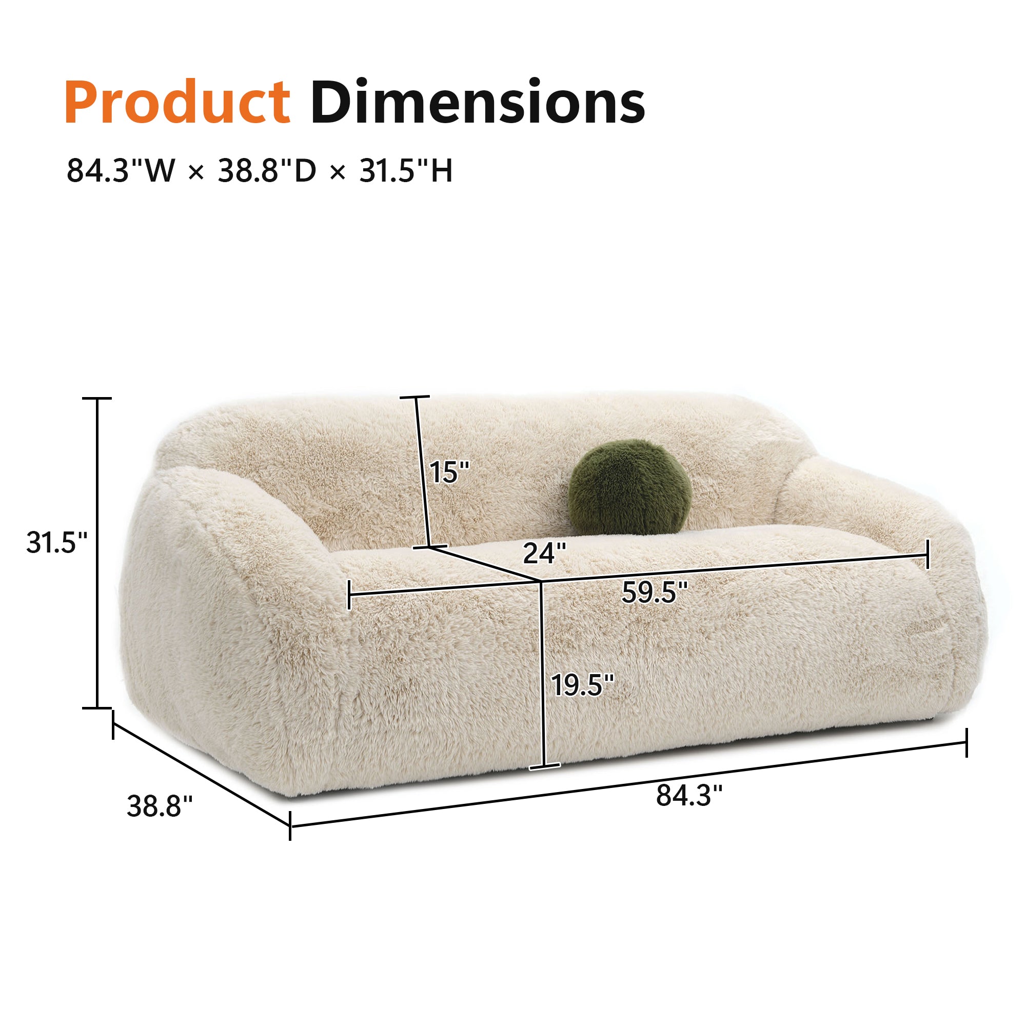 Contemporary Faux Fur Sofa – Plush Shaggy Texture, Full Swivel Chair + Ball Pillows