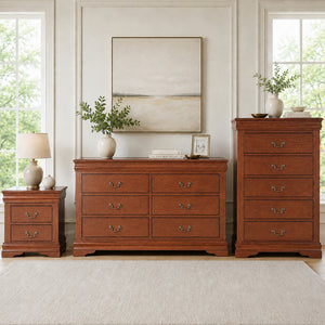 3-Piece Transitional Bedroom Storage Set with Nightstand, Chest & Dresser (Mirror Optional)