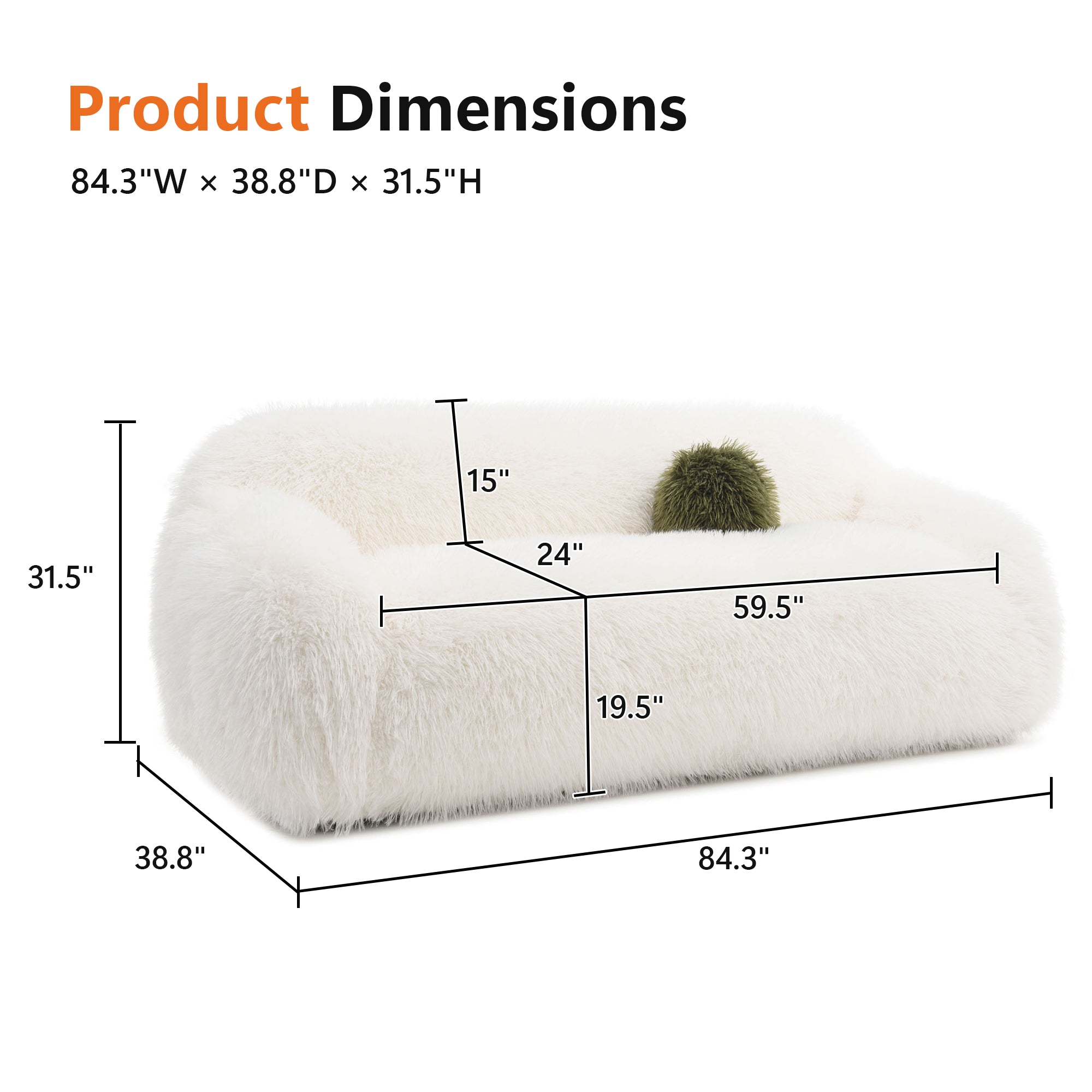 Contemporary Faux Fur Sofa – Plush Shaggy Texture, Full Swivel Chair + Ball Pillows