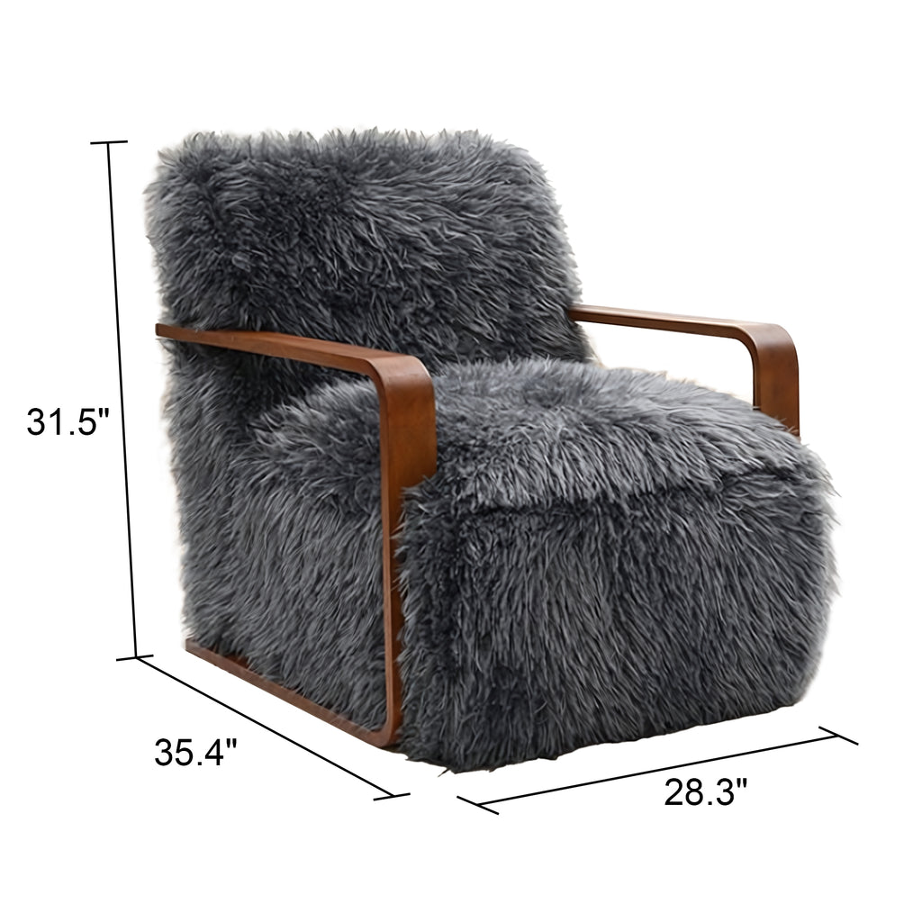 Ultra Soft Faux Fur Accent Chair – Retro Curves, Dark Walnut Wood Arms