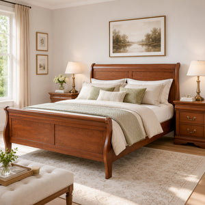 Transitional Sleigh Bed – Timeless Wood Elegance for Modern Bedrooms