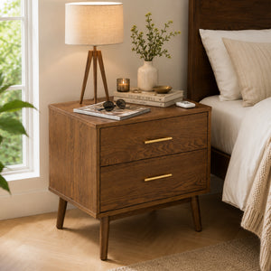 Fully Assembled Mid-Century Modern Walnut Nightstand with Tapered Legs & Nickel Bar Pulls