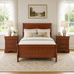 3-Piece Transitional Sleigh Bedroom Set with Solid Wood Bed & 2 Nightstands | Timeless Wood Design