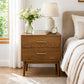 Fully Assembled Mid-Century Modern Walnut Nightstand with Tapered Legs & Nickel Bar Pulls