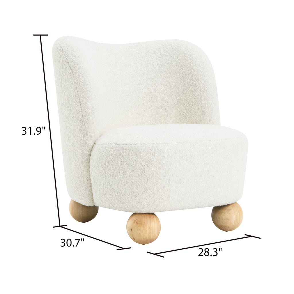 Contemporary Boucle Accent Chair – Sculptural Wood Ball Feet, Wide Seat