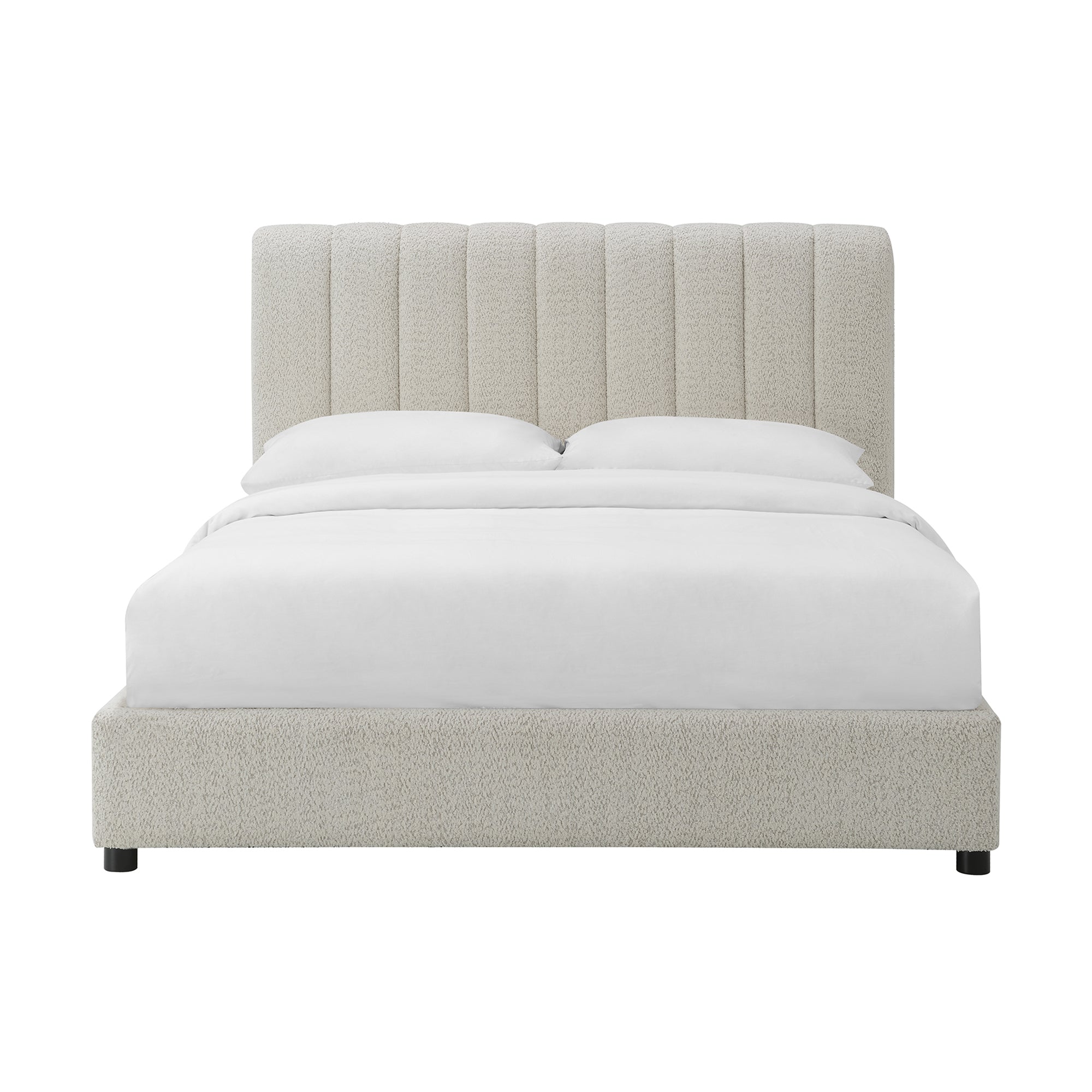 Contemporary Boucle Bed - Padded Vertical Channel Headboard, Round Wood Legs, Mattress Ready
