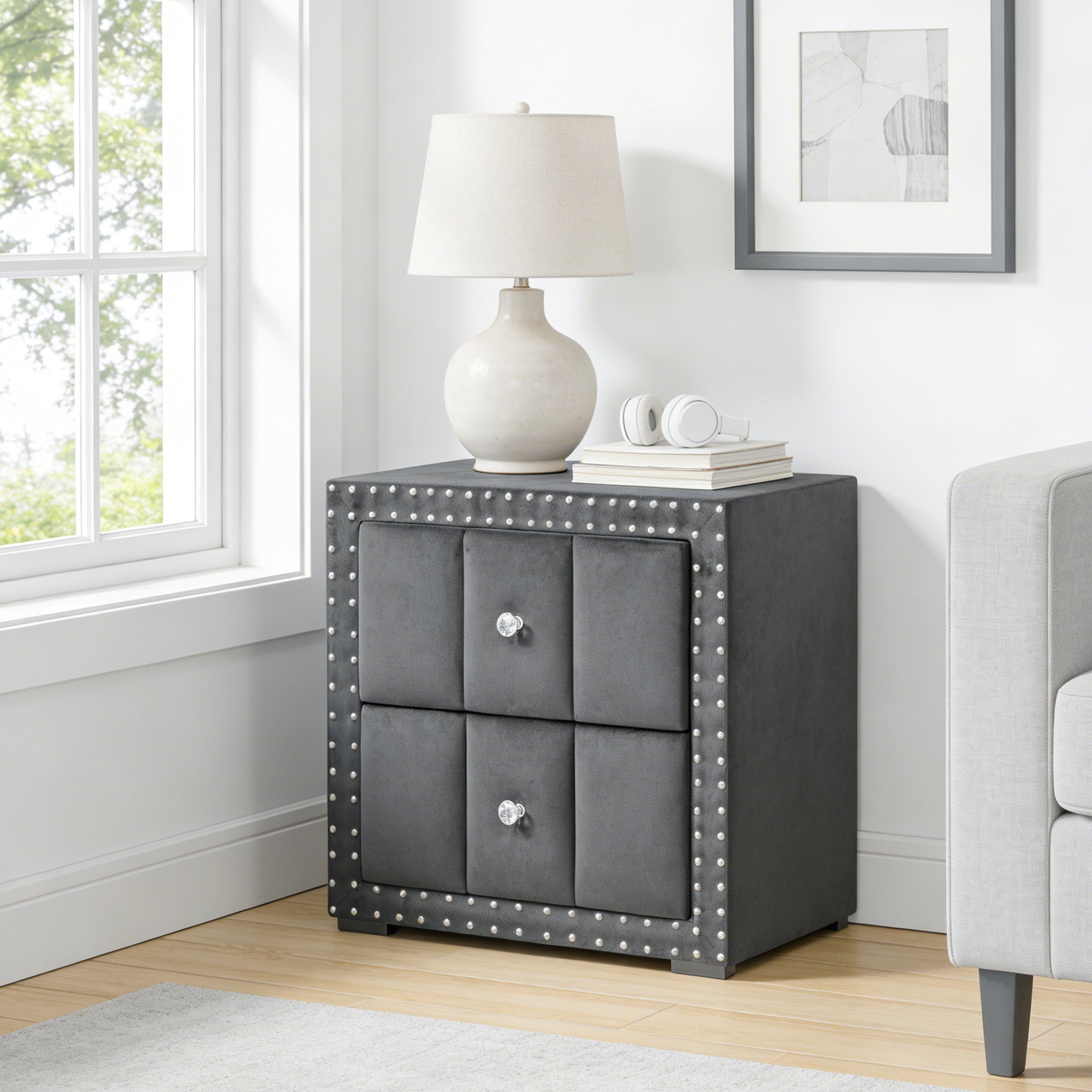 Fully Assembled Contemporary Upholstered Nightstand with Channel Tufting & Crystal Knobs