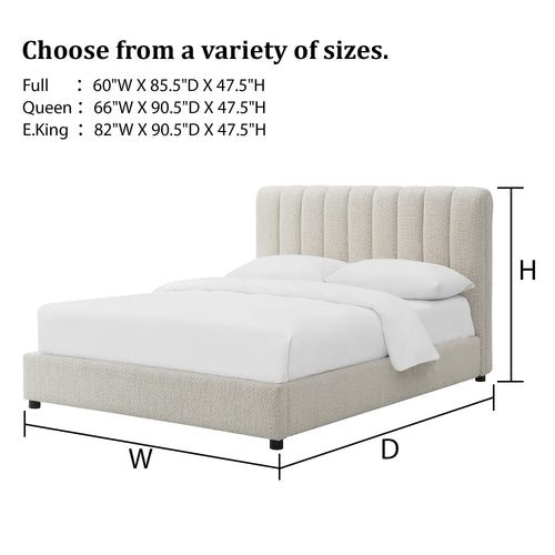 Contemporary Boucle Bed - Padded Vertical Channel Headboard, Round Wood Legs, Mattress Ready